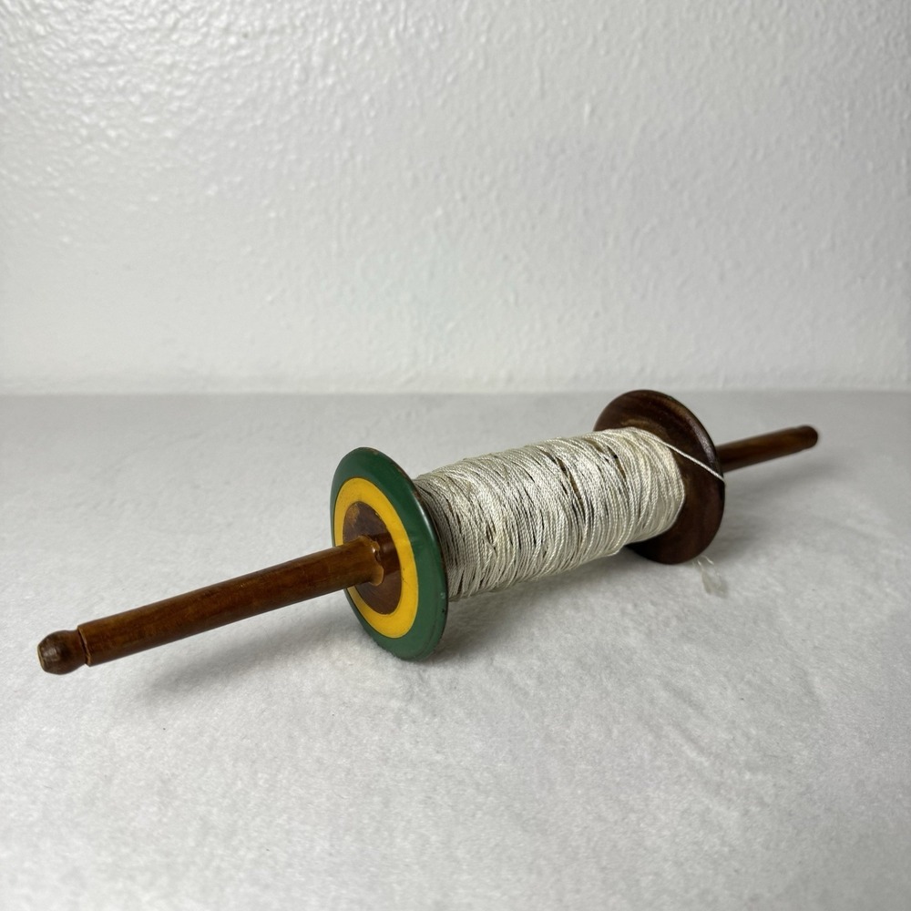 Vintage Wooden Kite String Winder Wooden Spindle Handle 12" Green Yellow Wood